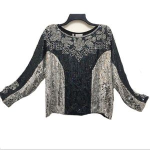 Vtg Jeffrey Lawrence Stunning Sequin l/s Silk Top
